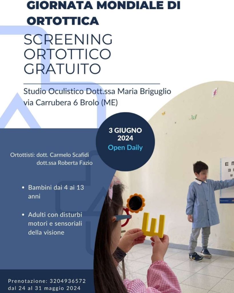 Brolo – Il 3 giugno una giornata mondiale di ortottica con “Screening” gratuito per bambini e adulti 