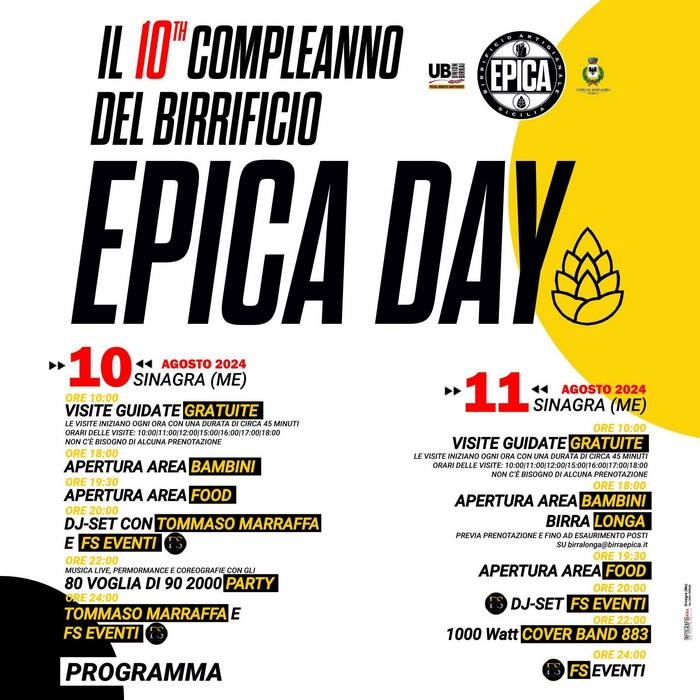 Sinagra – Il 10 e 11 Agosto c’è il 10° compleanno del Birrificio Epica!