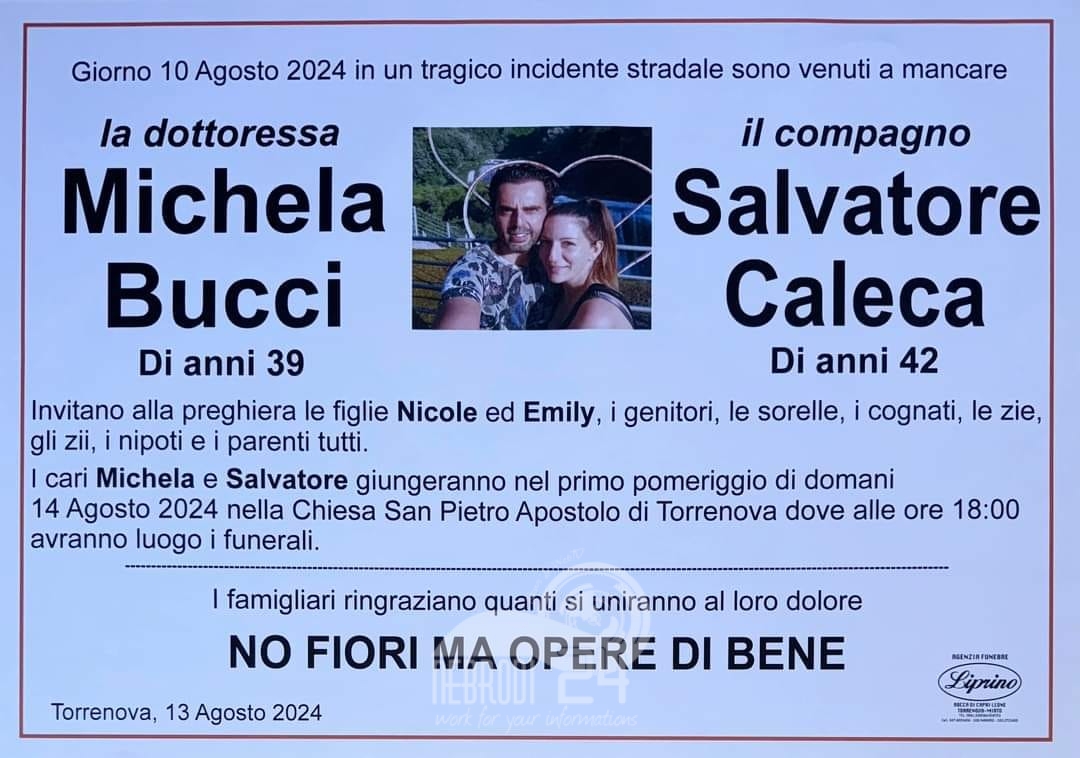 Torrenova – Domani, mercoledi, i funerali di Salvatore & Michela. Donazione per le due figlie