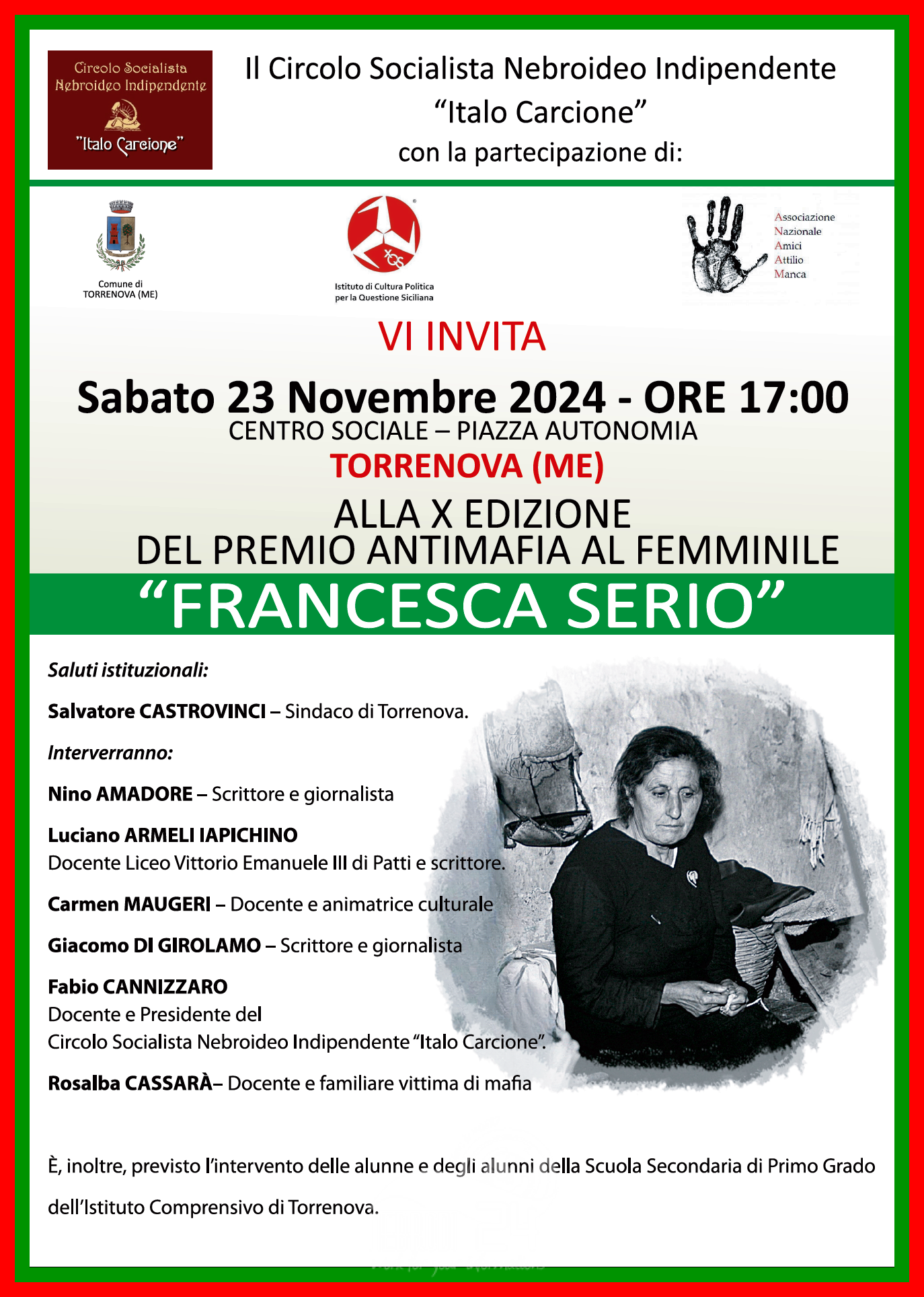 Torrenova – Sabato prossimo la X edizione del premio antimafia al femminile “Francesca Serio”